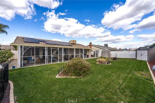 26131 Chambers Ave, Menifee, CA 92586 - back of house featuring a shed, a sunroom, and solar panels