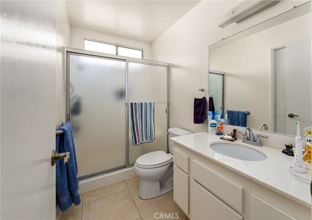 26131 Chambers Ave, Menifee, CA 92586 - bathroom featuring a stall shower, toilet, vanity, and tile patterned flooring