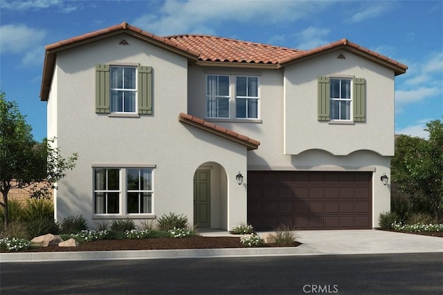 mediterranean / spanish-style home featuring a garage, driveway, a tiled roof, and stucco siding