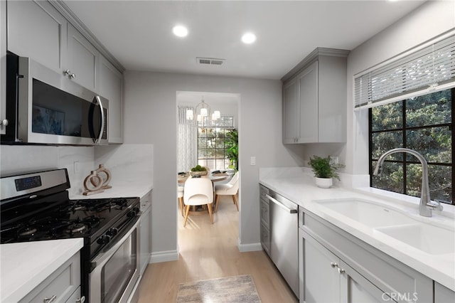 kitchen featuring visible vents, appliances with stainless steel finishes, gray cabinetry, light wood-style floors, and a sink