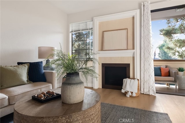 sitting room featuring a fireplace, wood finished floors, and a healthy amount of sunlight