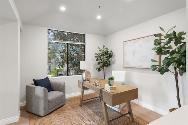 home office with recessed lighting, baseboards, and wood finished floors