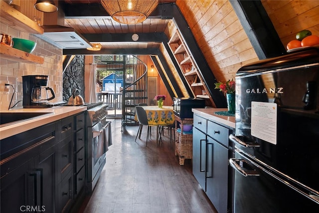 kitchen featuring wood finished floors, open shelves, a sink, black appliances, and wooden ceiling