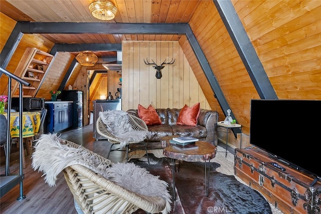 living room with vaulted ceiling with beams, wood walls, water heater, wooden ceiling, and wood finished floors