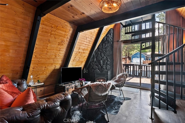 sitting room with lofted ceiling with beams, wood finished floors, wooden ceiling, wood walls, and a wood stove