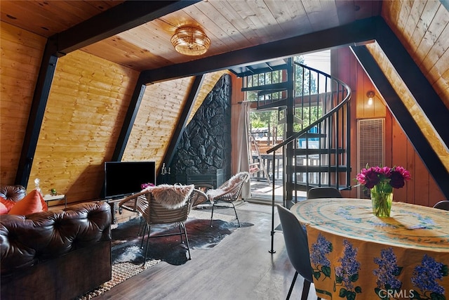 sitting room featuring wooden walls, wooden ceiling, vaulted ceiling with beams, and wood finished floors