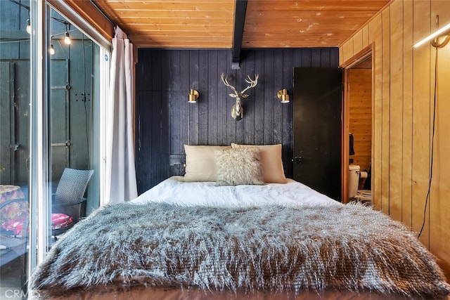 unfurnished bedroom with beamed ceiling, wooden ceiling, and wood walls