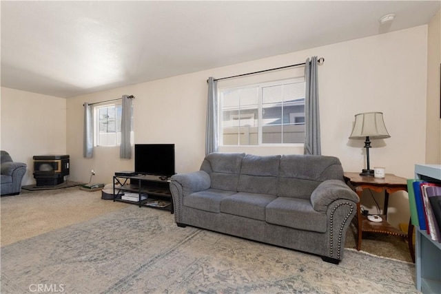living room featuring a wood stove and carpet flooring