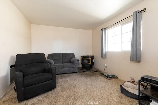 living room with a wood stove and carpet