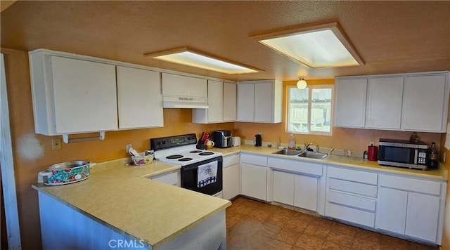 kitchen featuring under cabinet range hood, stainless steel microwave, a sink, electric range oven, and light countertops