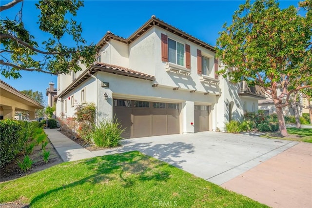 mediterranean / spanish-style house with a garage, a tile roof, driveway, and stucco siding