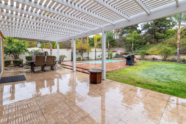 view of patio / terrace featuring outdoor dining space, a fenced in pool, a fenced backyard, a pergola, and grilling area