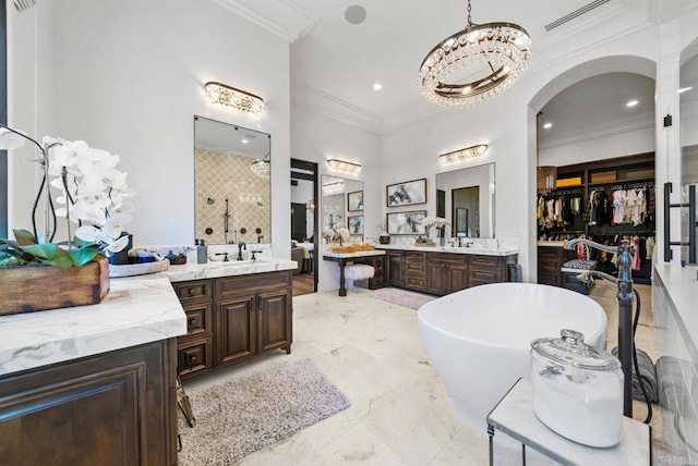 4065 Via Palo Verde Lago, Alpine, CA 91901 - full bath with marble finish floor, ornamental molding, a shower stall, vanity, and a freestanding tub