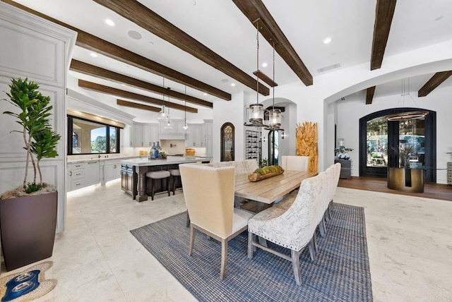 4065 Via Palo Verde Lago, Alpine, CA 91901 - dining area featuring arched walkways, a wealth of natural light, beamed ceiling, and visible vents