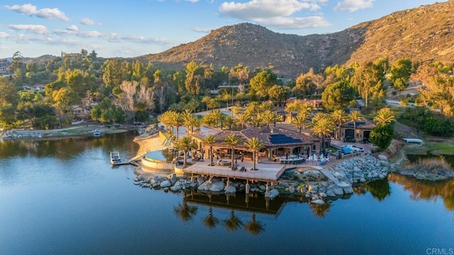 bird's eye view featuring a water and mountain view