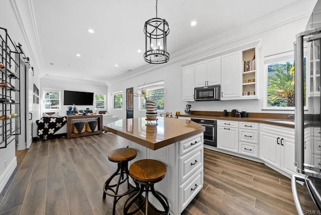 4065 Via Palo Verde Lago, Alpine, CA 91901 - kitchen featuring butcher block counters, dark wood-style flooring, wall oven, and white cabinetry