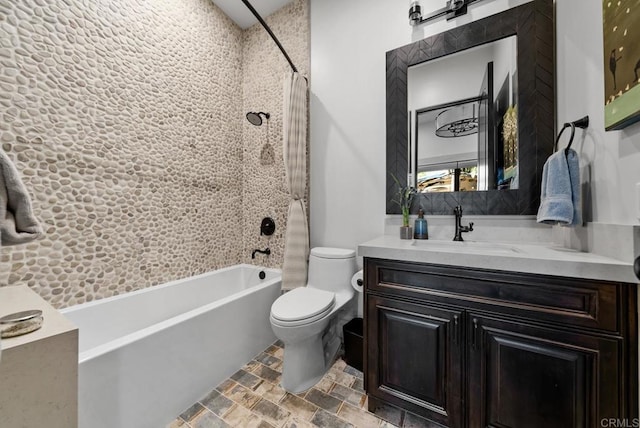 4065 Via Palo Verde Lago, Alpine, CA 91901 - full bathroom with stone finish flooring, vanity, toilet, and shower / bathtub combination with curtain