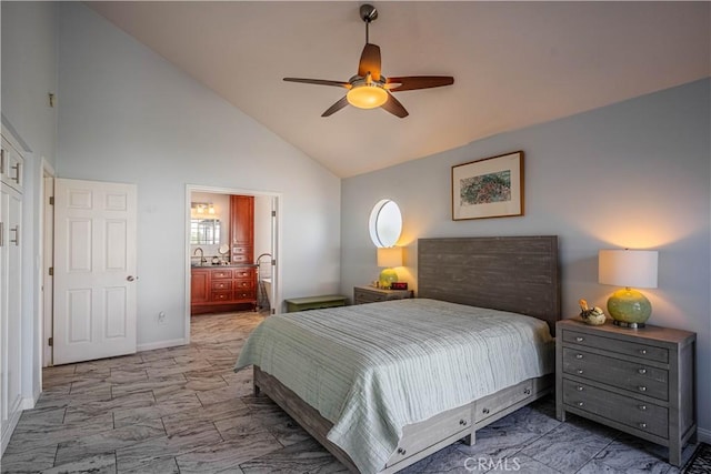 bedroom with marble finish floor, ceiling fan, baseboards, and ensuite bathroom