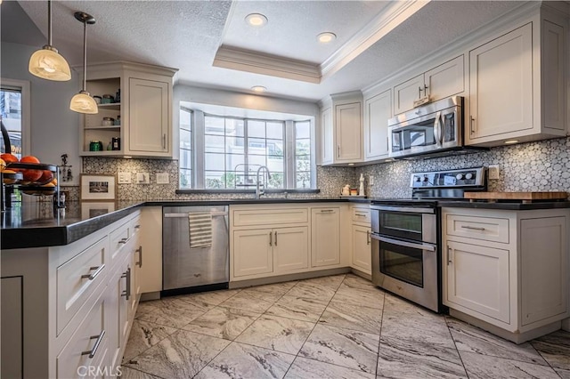 kitchen with appliances with stainless steel finishes, a tray ceiling, dark countertops, and a peninsula