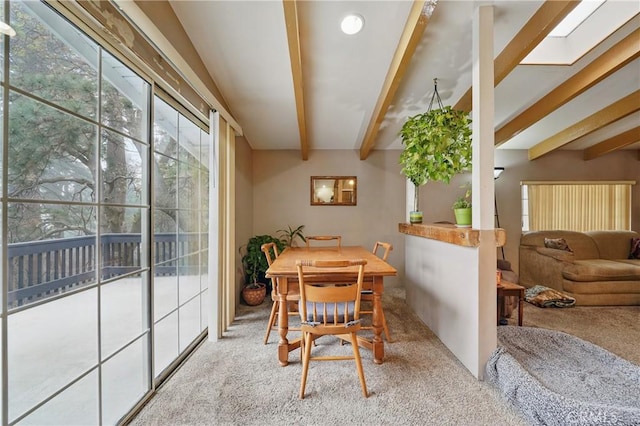 30919 Valley Oak Dr, Running Springs, CA 92382 - dining room with carpet flooring and beamed ceiling