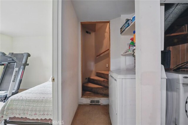 30919 Valley Oak Dr, Running Springs, CA 92382 - laundry area with carpet floors and washer / clothes dryer