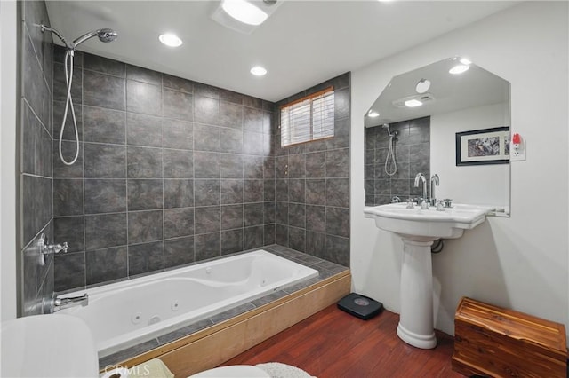 30919 Valley Oak Dr, Running Springs, CA 92382 - bathroom with a combined bath / shower with jetted tub, wood finished floors, and recessed lighting