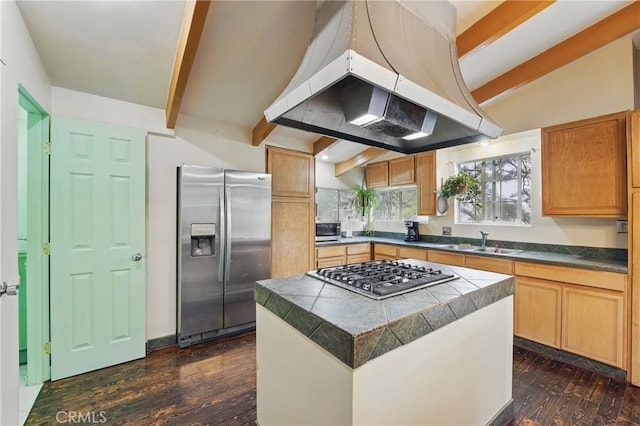 30919 Valley Oak Dr, Running Springs, CA 92382 - kitchen with stainless steel appliances, custom range hood, dark wood-style flooring, and a center island