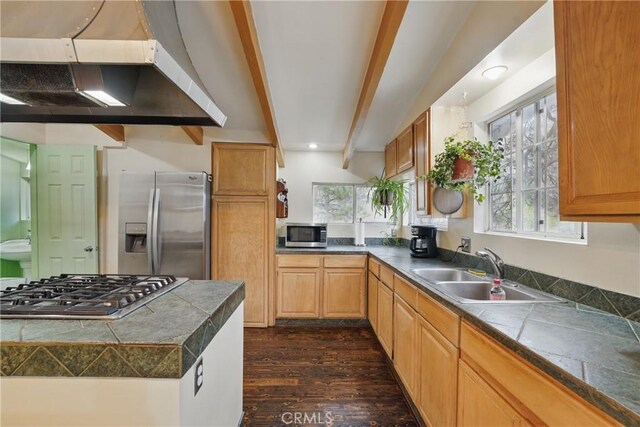 30919 Valley Oak Dr, Running Springs, CA 92382 - kitchen with ventilation hood, appliances with stainless steel finishes, beamed ceiling, dark wood-style flooring, and healthy amount of natural light