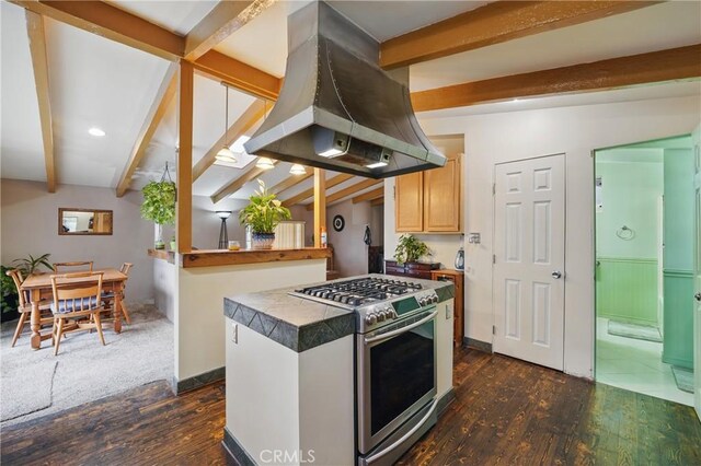 30919 Valley Oak Dr, Running Springs, CA 92382 - kitchen featuring island exhaust hood, stainless steel gas stove, beam ceiling, dark wood-style flooring, and a kitchen island