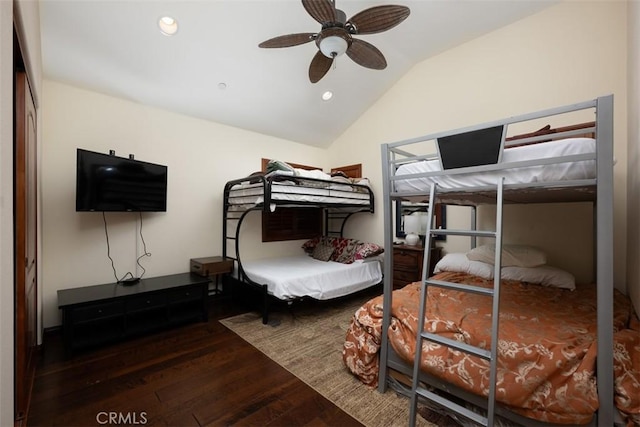 bedroom featuring vaulted ceiling, ceiling fan, wood finished floors, and recessed lighting