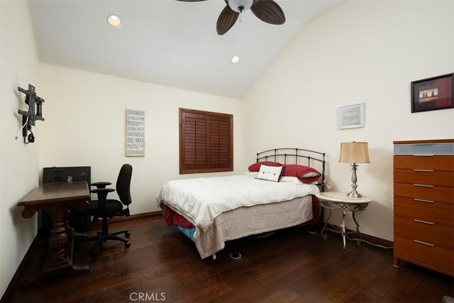 bedroom featuring lofted ceiling, baseboards, hardwood / wood-style floors, and recessed lighting