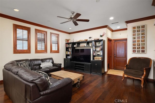 living room featuring ceiling fan, visible vents, dark wood-style flooring, and recessed lighting