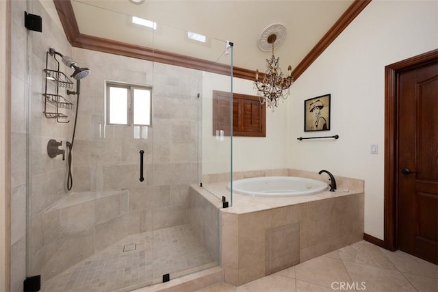 full bathroom with a stall shower, tile patterned flooring, crown molding, and a bath