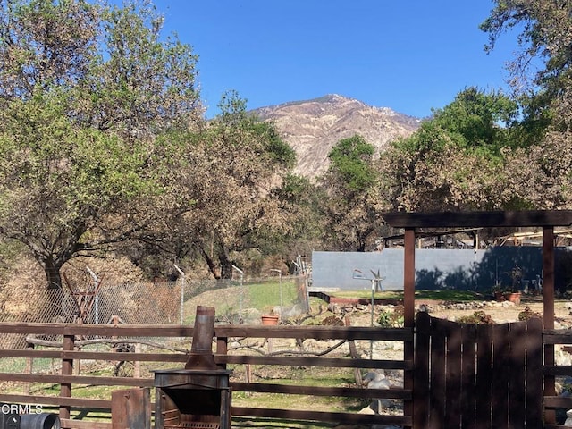 view of yard with fence and a mountain view