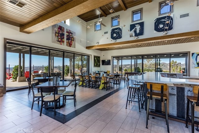 dining area with wooden ceiling, visible vents, a towering ceiling, and beam ceiling