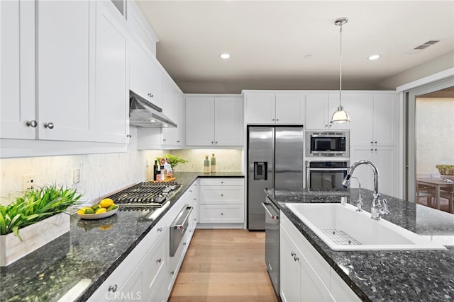 kitchen with under cabinet range hood, stainless steel appliances, a sink, visible vents, and white cabinets