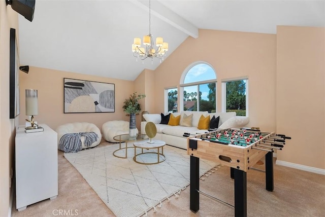 rec room featuring baseboards, beamed ceiling, carpet, high vaulted ceiling, and a notable chandelier