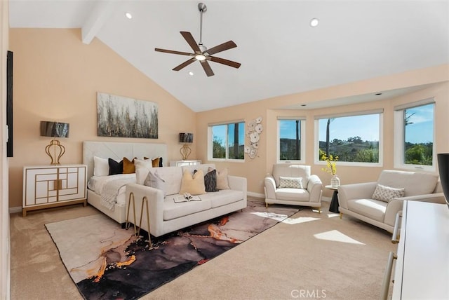 bedroom featuring baseboards, light colored carpet, high vaulted ceiling, beam ceiling, and recessed lighting