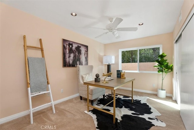 carpeted office featuring a ceiling fan, recessed lighting, and baseboards