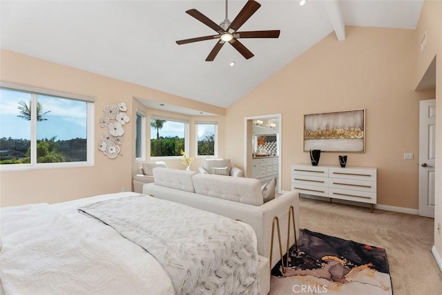 carpeted bedroom with baseboards, high vaulted ceiling, ceiling fan, and beam ceiling