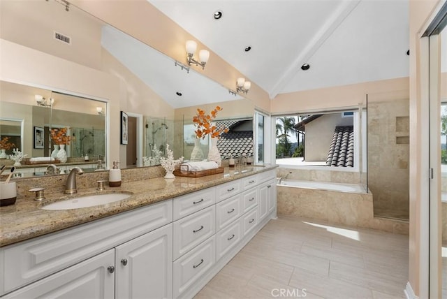 bathroom featuring lofted ceiling, visible vents, a sink, and a shower stall