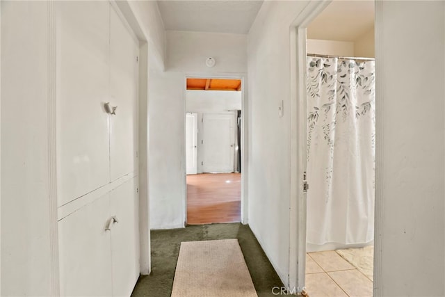 hallway featuring carpet floors and tile patterned floors