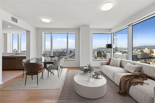 living room with visible vents, a city view, and light wood finished floors