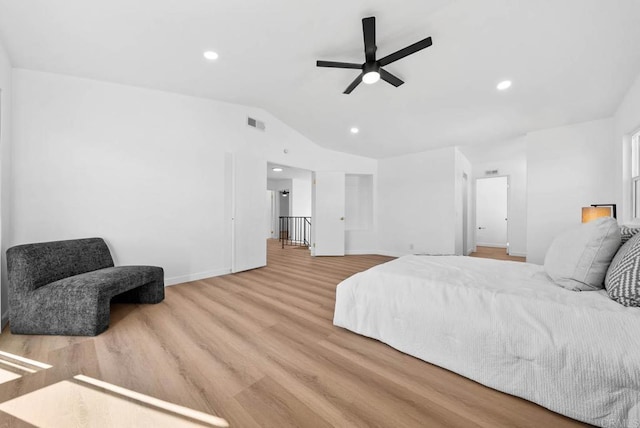 bedroom with visible vents, ceiling fan, wood finished floors, vaulted ceiling, and recessed lighting