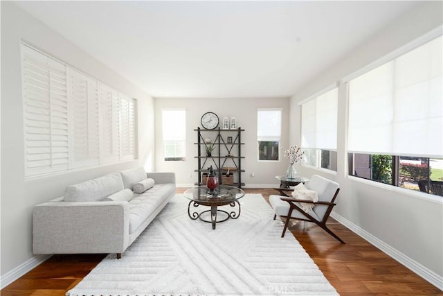 living area with baseboards and wood finished floors