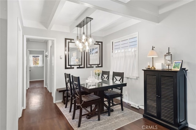 dining space featuring beamed ceiling, baseboards, and wood finished floors