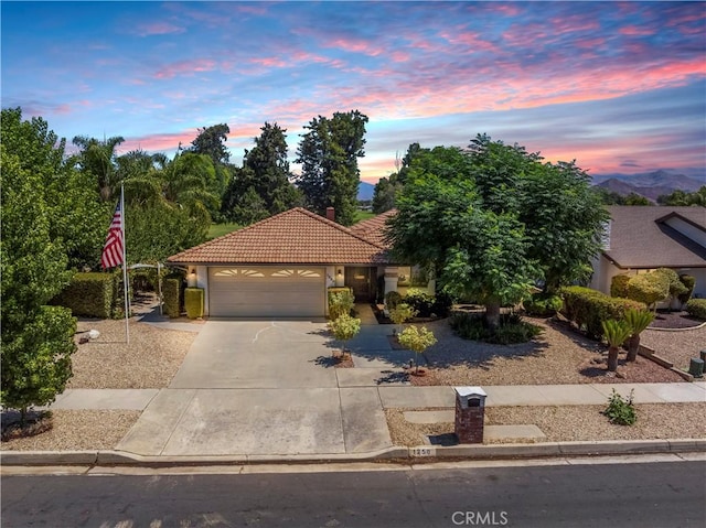 view of front of home with a garage, a tiled roof, concrete driveway, and stucco siding