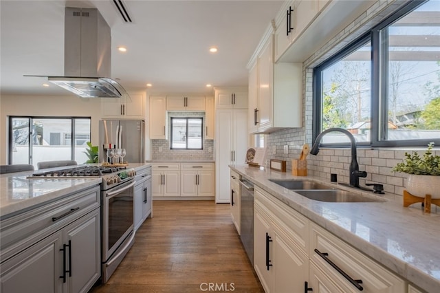 kitchen with island exhaust hood, wood finished floors, appliances with stainless steel finishes, a sink, and light stone countertops