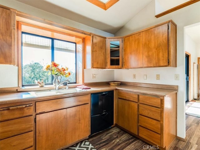 kitchen featuring dishwasher, dark wood-type flooring, vaulted ceiling, light countertops, and a sink