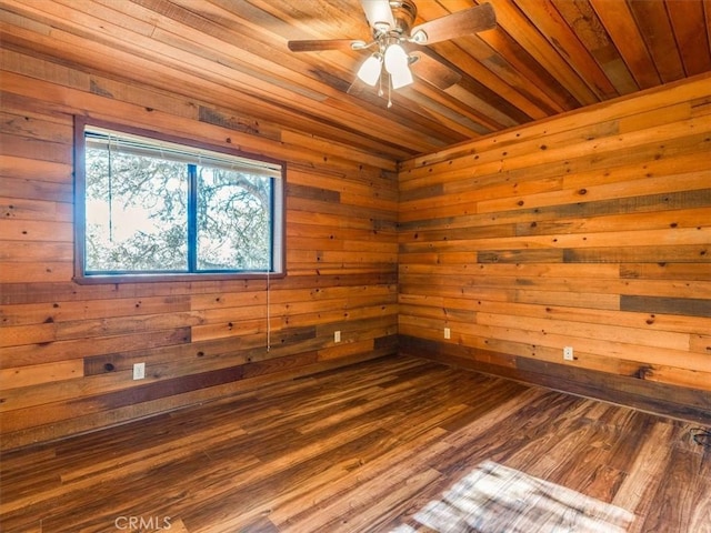 spare room with ceiling fan, wood finished floors, wood ceiling, and wooden walls